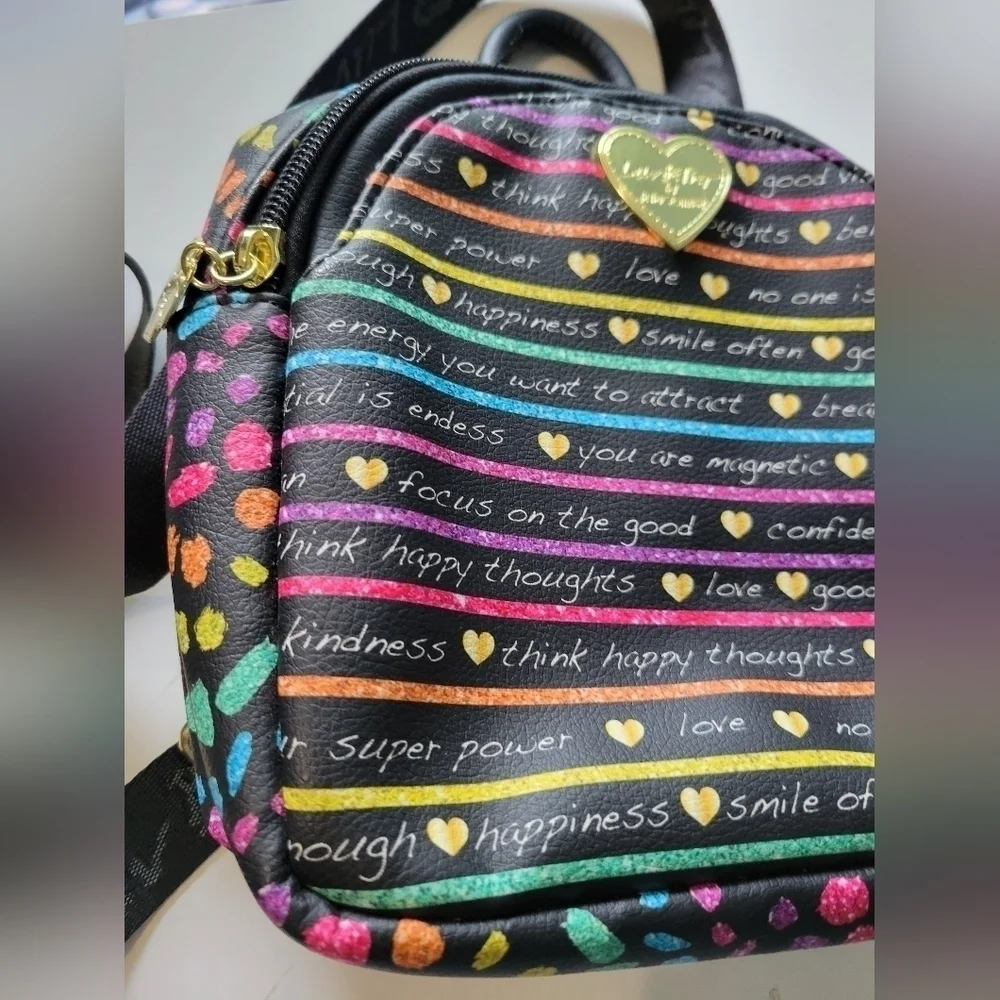 Luv Betsey by Betsy Johnson Rainbow Stripes Positive Verbage Small Backpack NWOT
